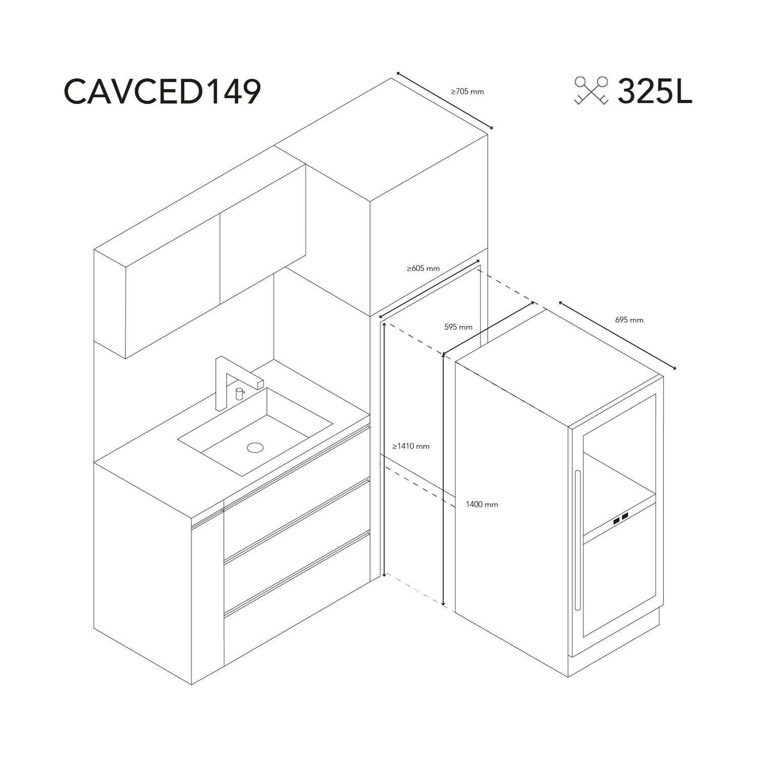 Vista isometrica di una cucina con misure. Include armadi, un lavandino e un frigorifero con dimensioni etichettate.