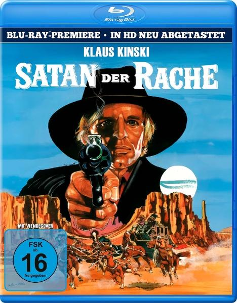 Blu-ray-Cover. Ein Mann mit Hut zielt mit einer Waffe. Text lautet "SATAN DER RACHE". Eine Postkutsche und eine Wüstenlandschaft im Hintergrund.