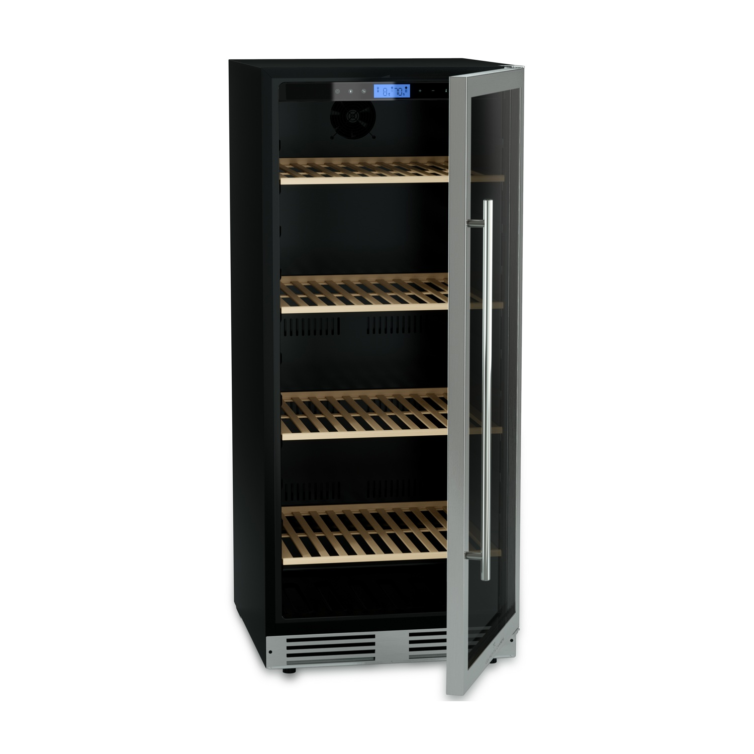 Un refrigeratore per vino nero con porta a vetri aperta. All'interno, ci sono ripiani in legno. Un display digitale mostra la temperatura.