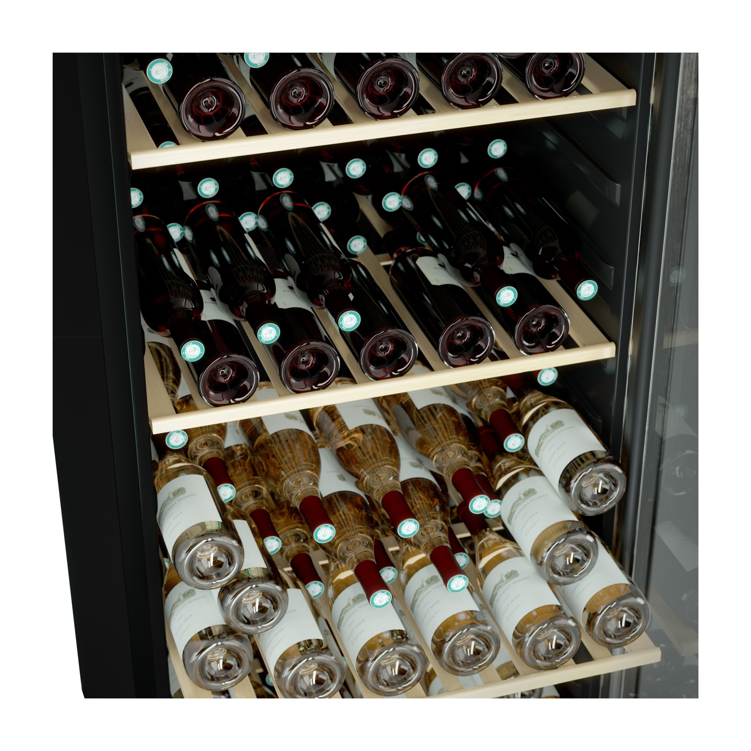 Bottiglie di vino conservate in un refrigeratore. Vini rossi e bianchi visibili, disposti su ripiani di legno. Il refrigeratore è nero con porta a vetro.