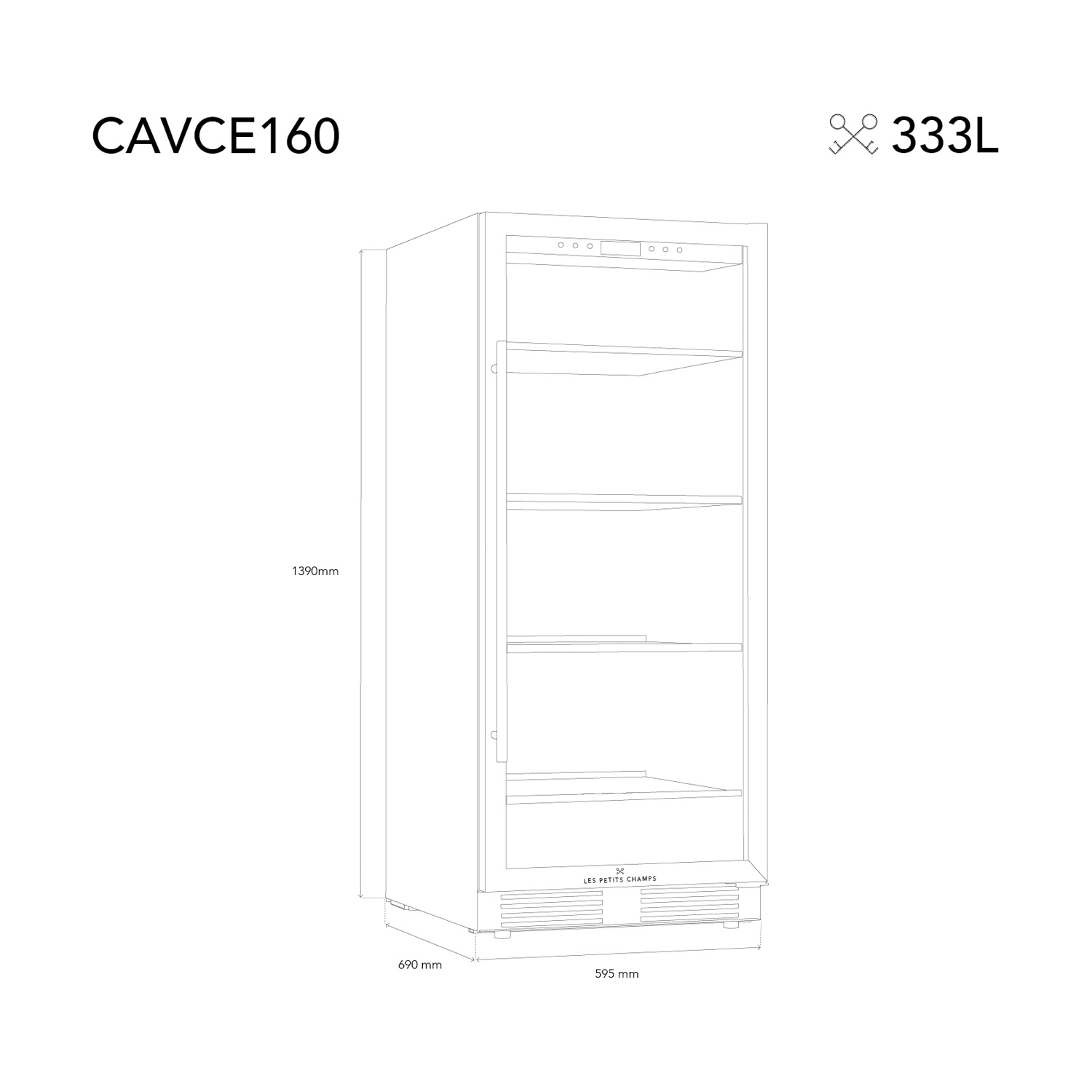 Un frigorifero bianco con porta a vetro, ripiani ed etichette di misure. Il testo include 'CAVCE160', '333L' e 'LES PETITS CHAMPS'.