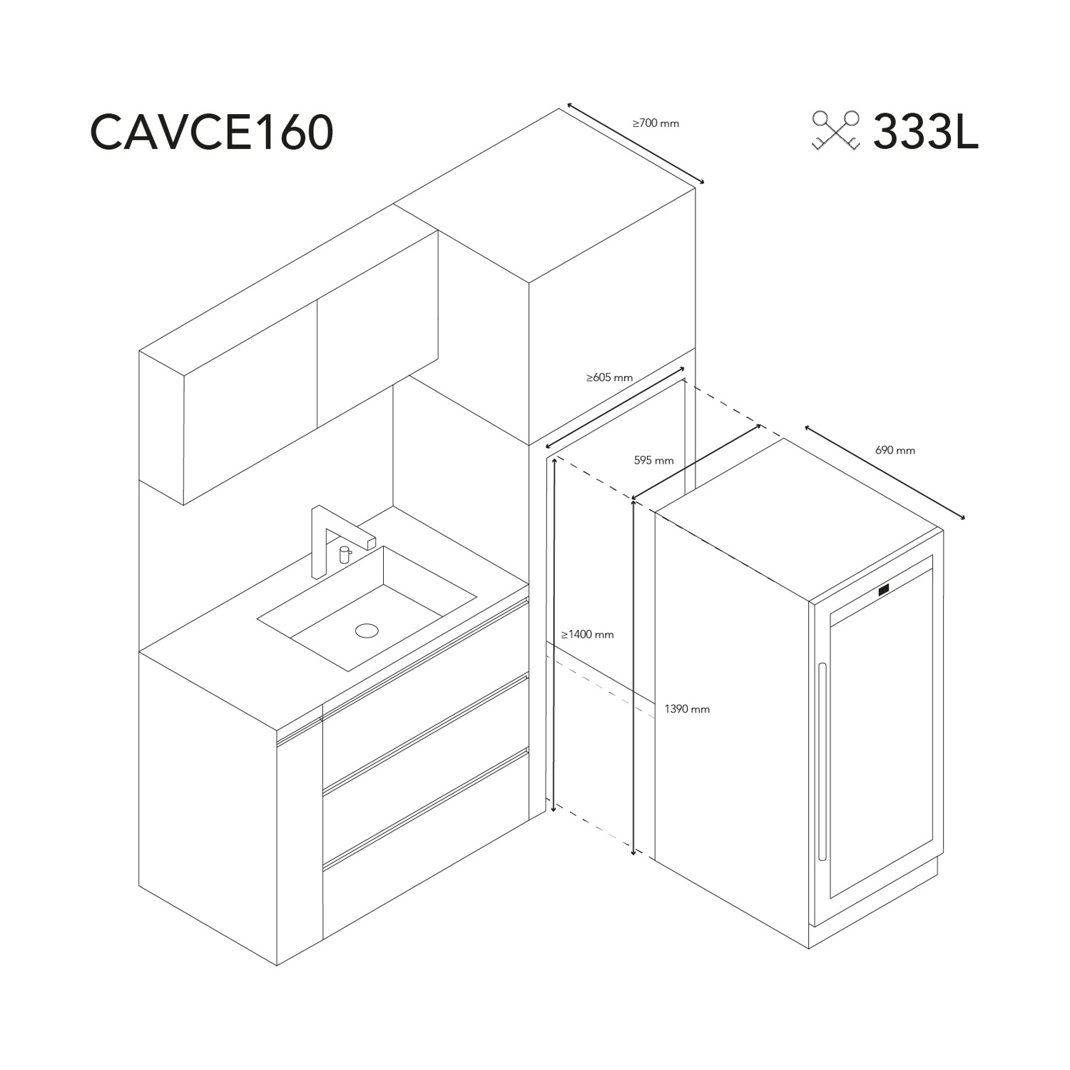 Vista isometrica di una cucina con dimensioni. Include un lavandino, armadi e una cantinetta. Il testo CAVCE160 è visibile.
