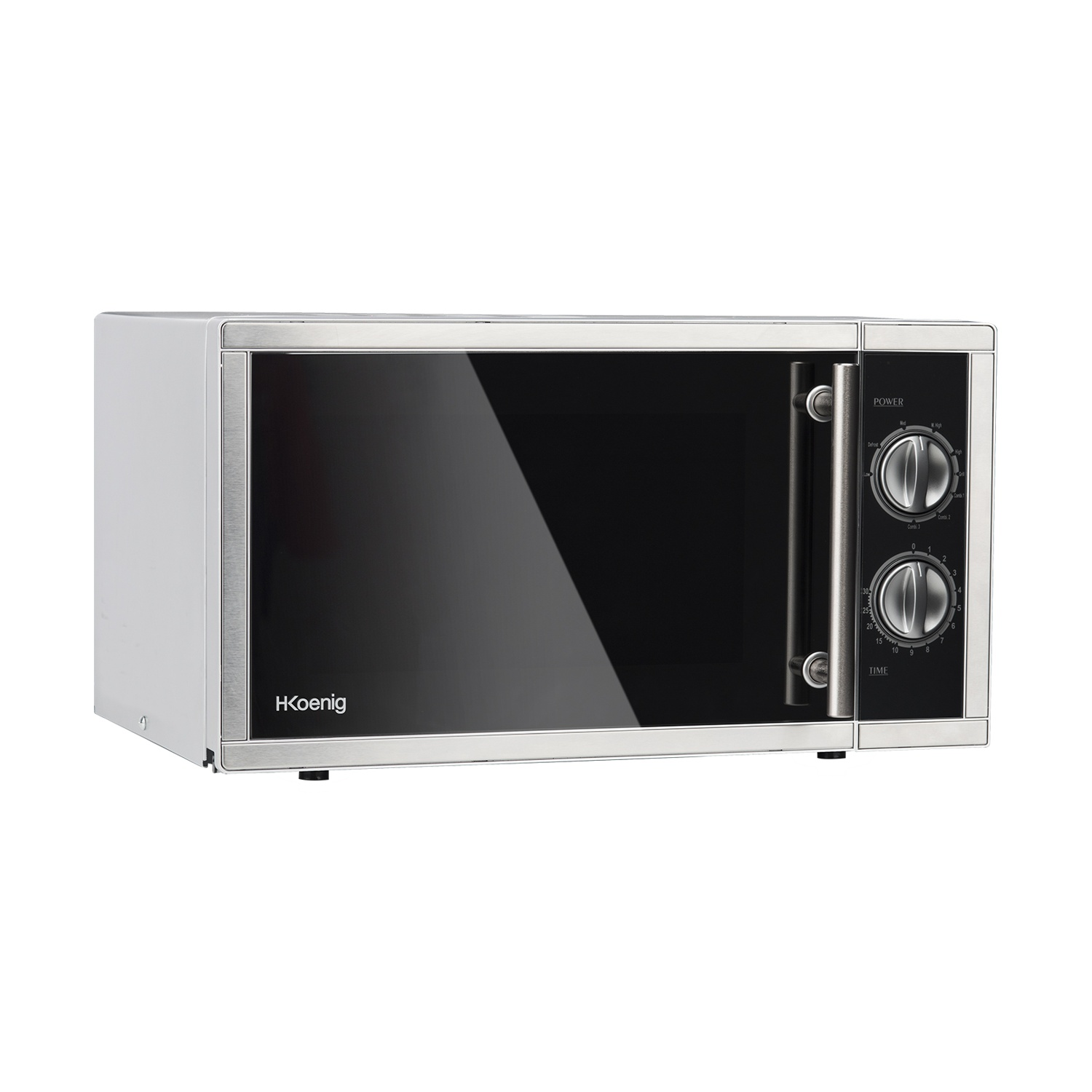 Un forno a microonde bianco e argento con porta a vetri nera. Ha manopole di controllo per potenza e tempo e il marchio è HKoenig.