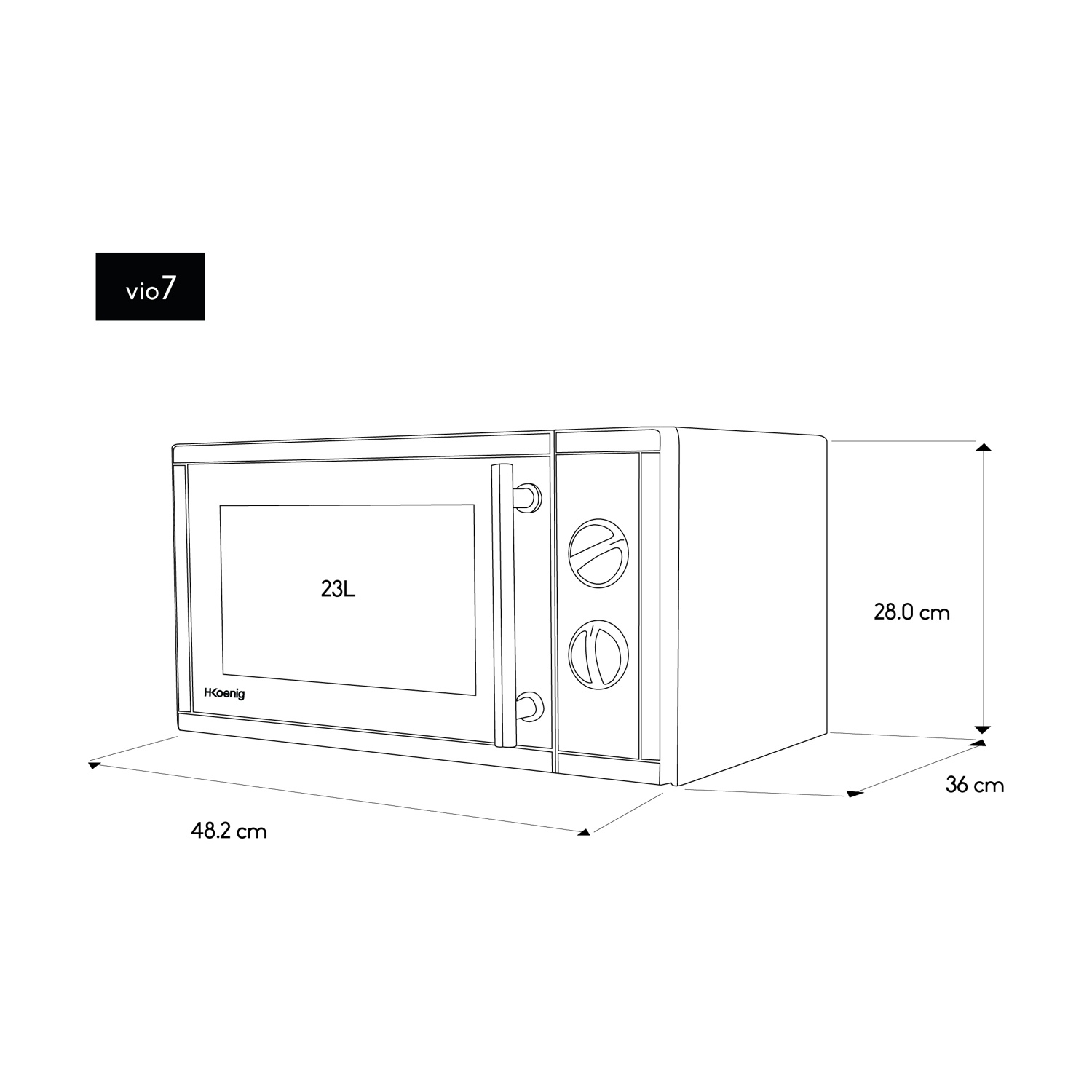 Un disegno a tratto di un forno a microonde con misure. Ha una capacità di 23L e dimensioni di 48,2x36x28 cm. Il marchio è HKoenig.
