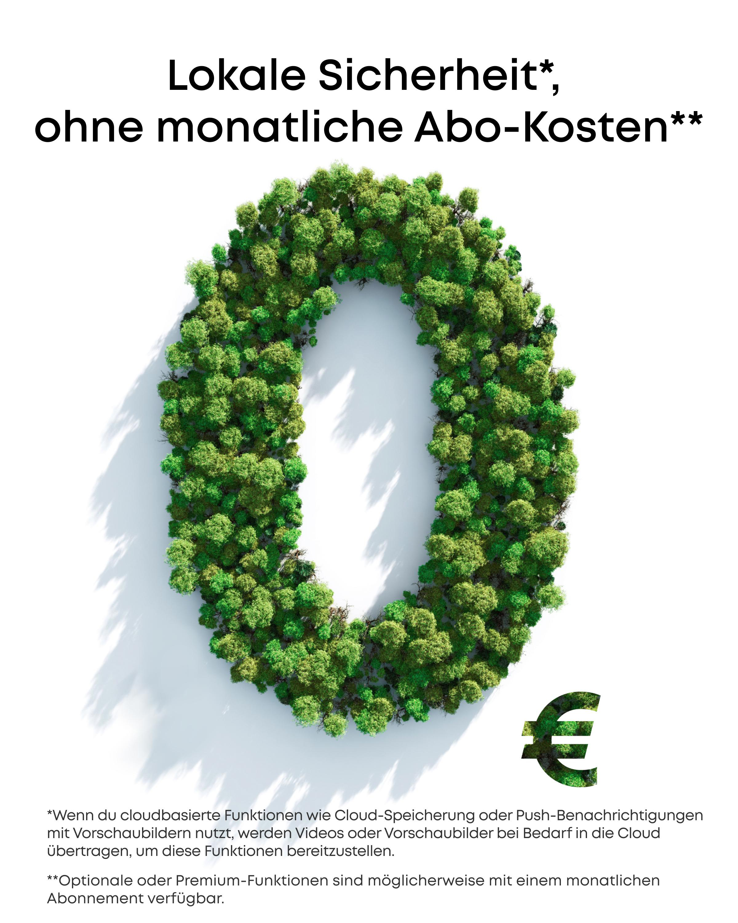 Das Bild zeigt eine Null aus grünen Bäumen, ein Euro-Symbol und Text über lokale Sicherheit.