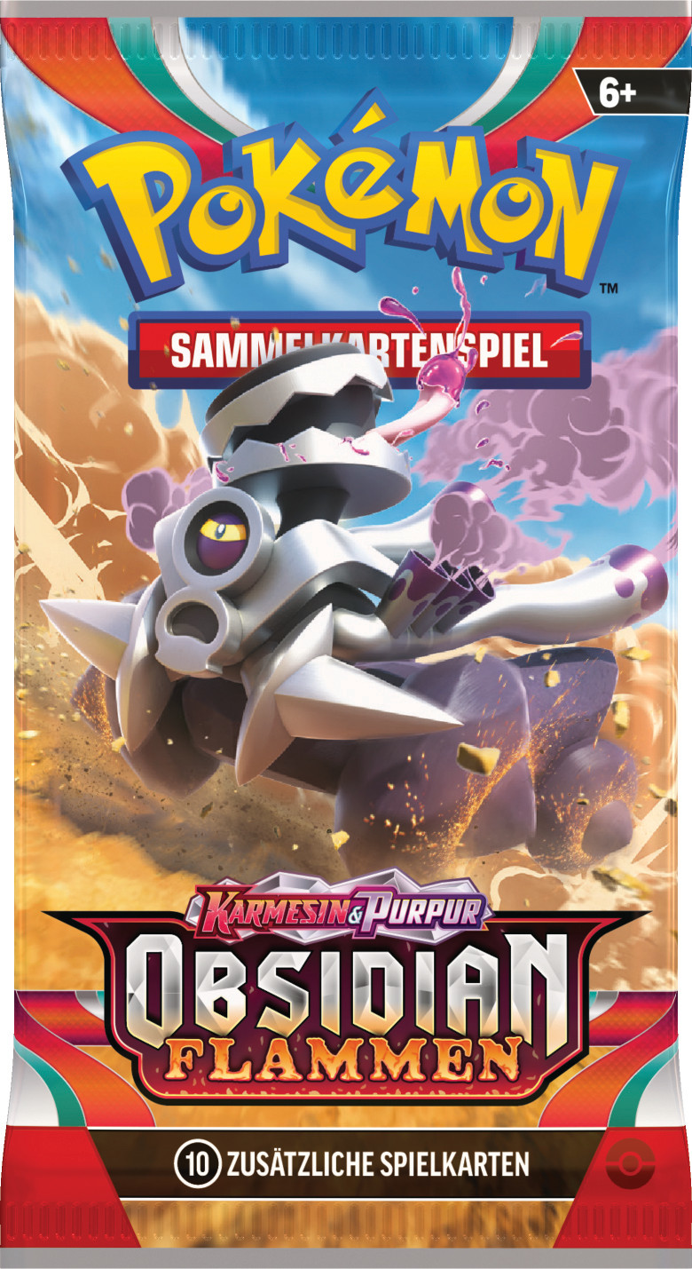 Pokémon-Kartenpackung. Zeigt eine weiße und silberne roboterartige Figur vor blauem Himmel mit dem 'Pokémon'-Logo und dem Text 'Obsidian Flames'.