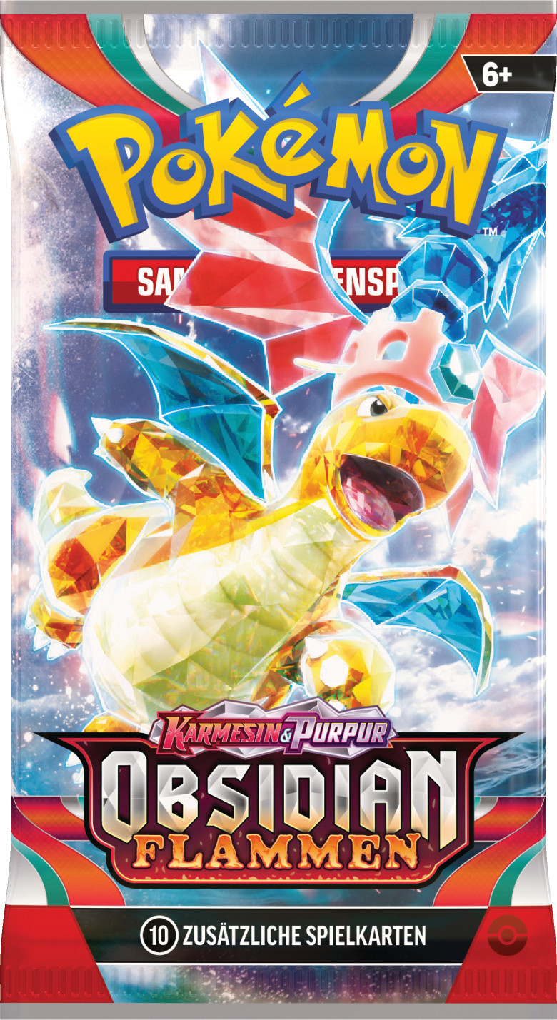 Eine Pokémon-Kartenpackung mit einem gelben drachenartigen Wesen. Die Packung hat deutschen Text und das Pokémon-Logo ist sichtbar.