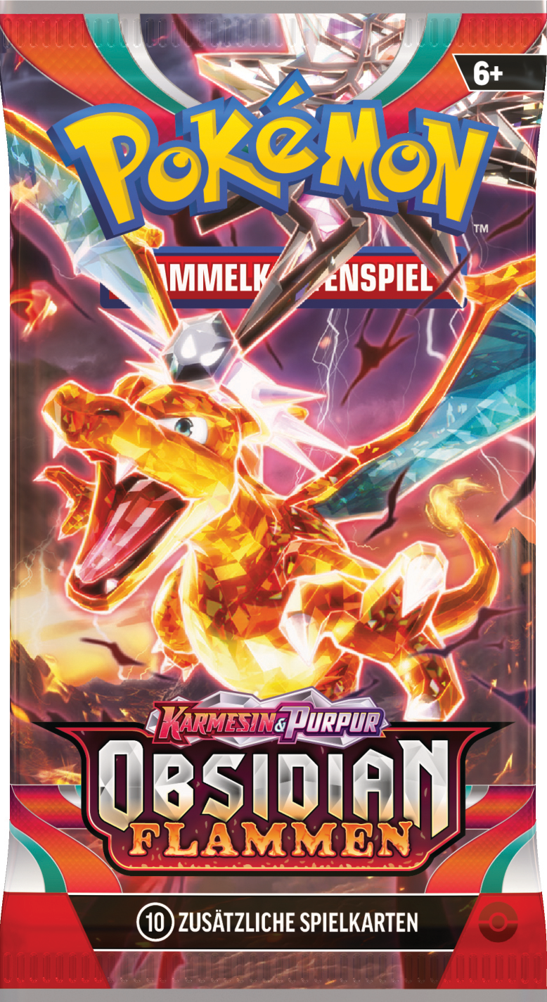 Pokémon-Kartenpackung. Charizard ist abgebildet, mit einem feurigen, orange-roten Design. Die Packung trägt den Titel "Obsidian Flammen".