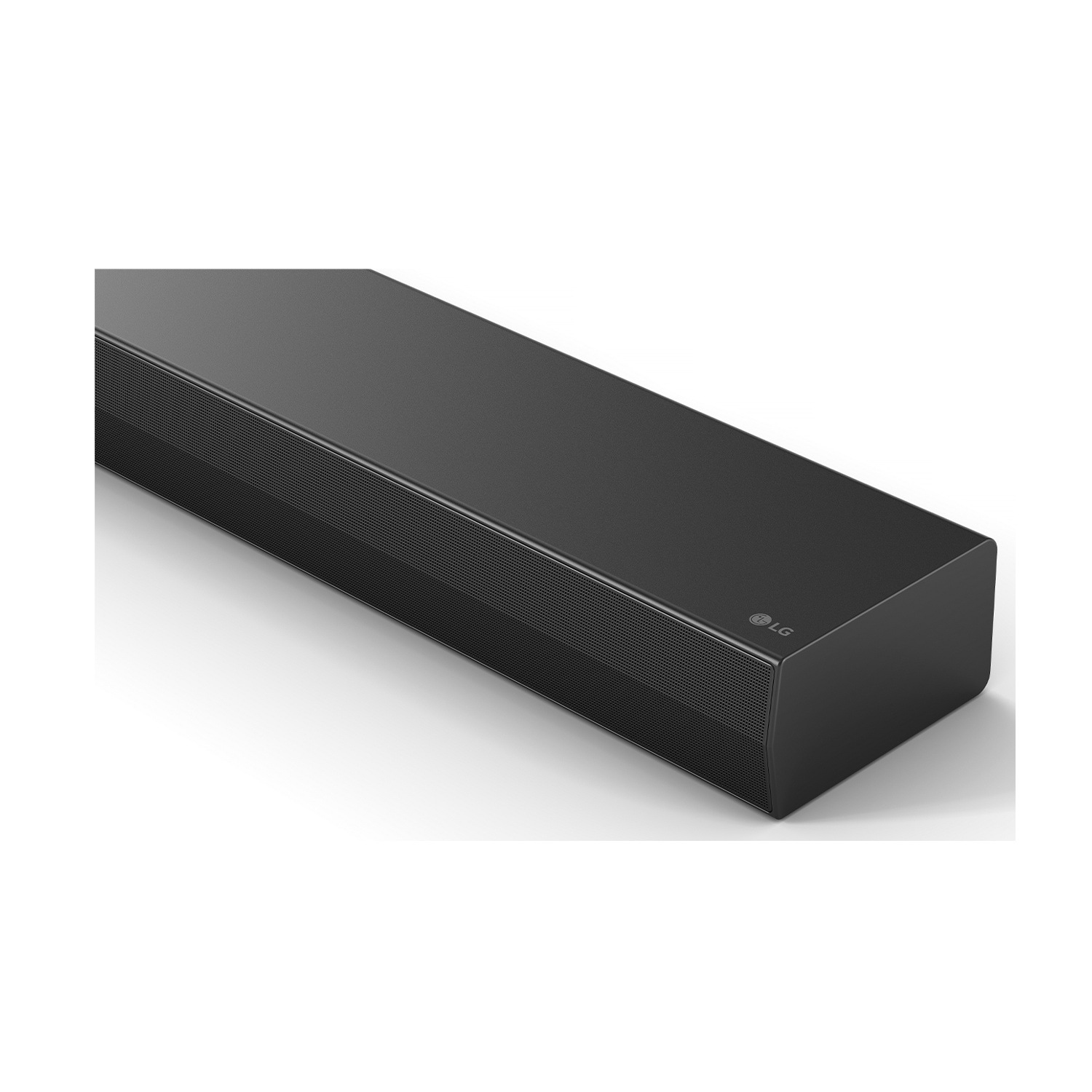 Una soundbar LG nera su una superficie bianca. La soundbar è rettangolare con rete sui lati. Il logo LG è visibile.