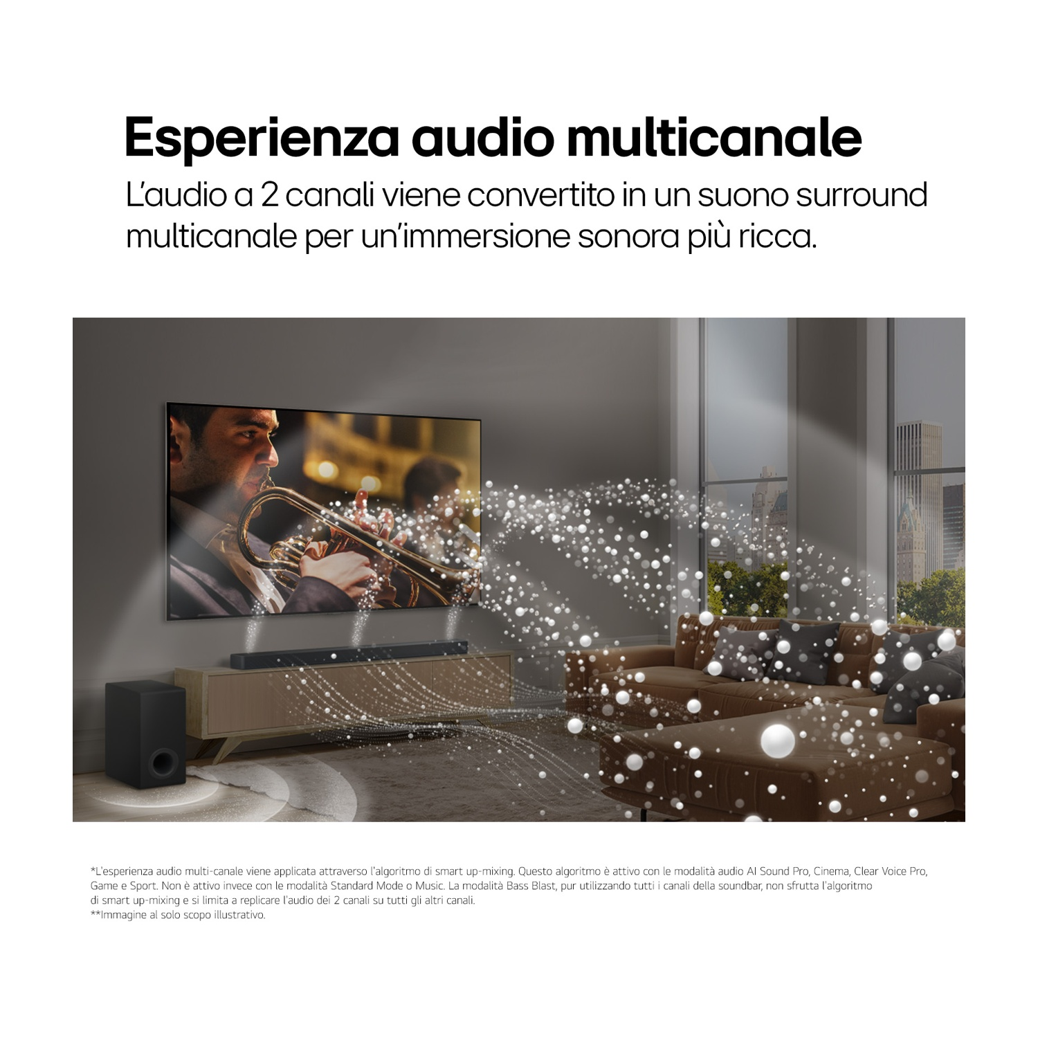 Un uomo suona la tromba davanti a una TV. Le onde sonore emanano da una soundbar, riempiendo il salotto.