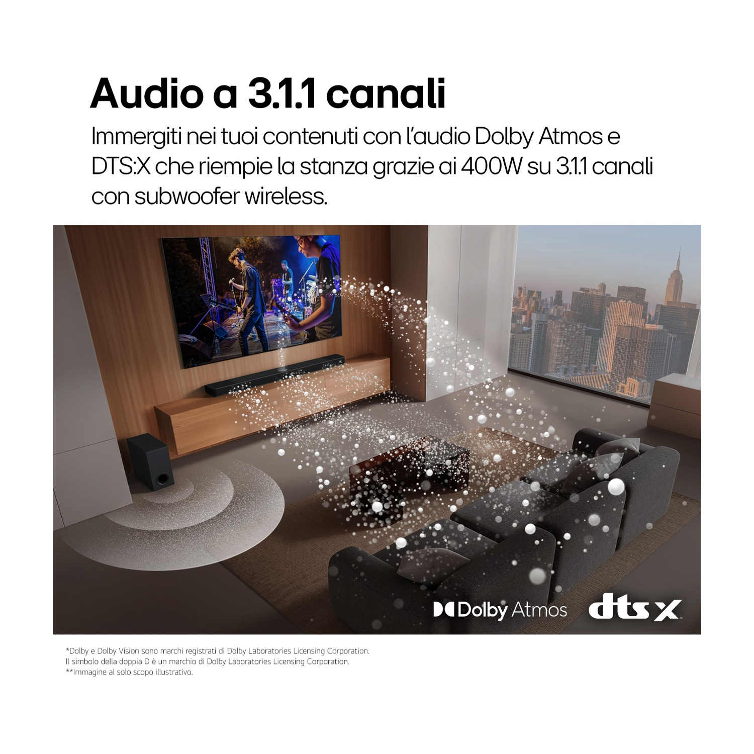 Scena di soggiorno con soundbar, subwoofer e divano. Un televisore mostra una band. Loghi Dolby Atmos e DTS:X in basso.