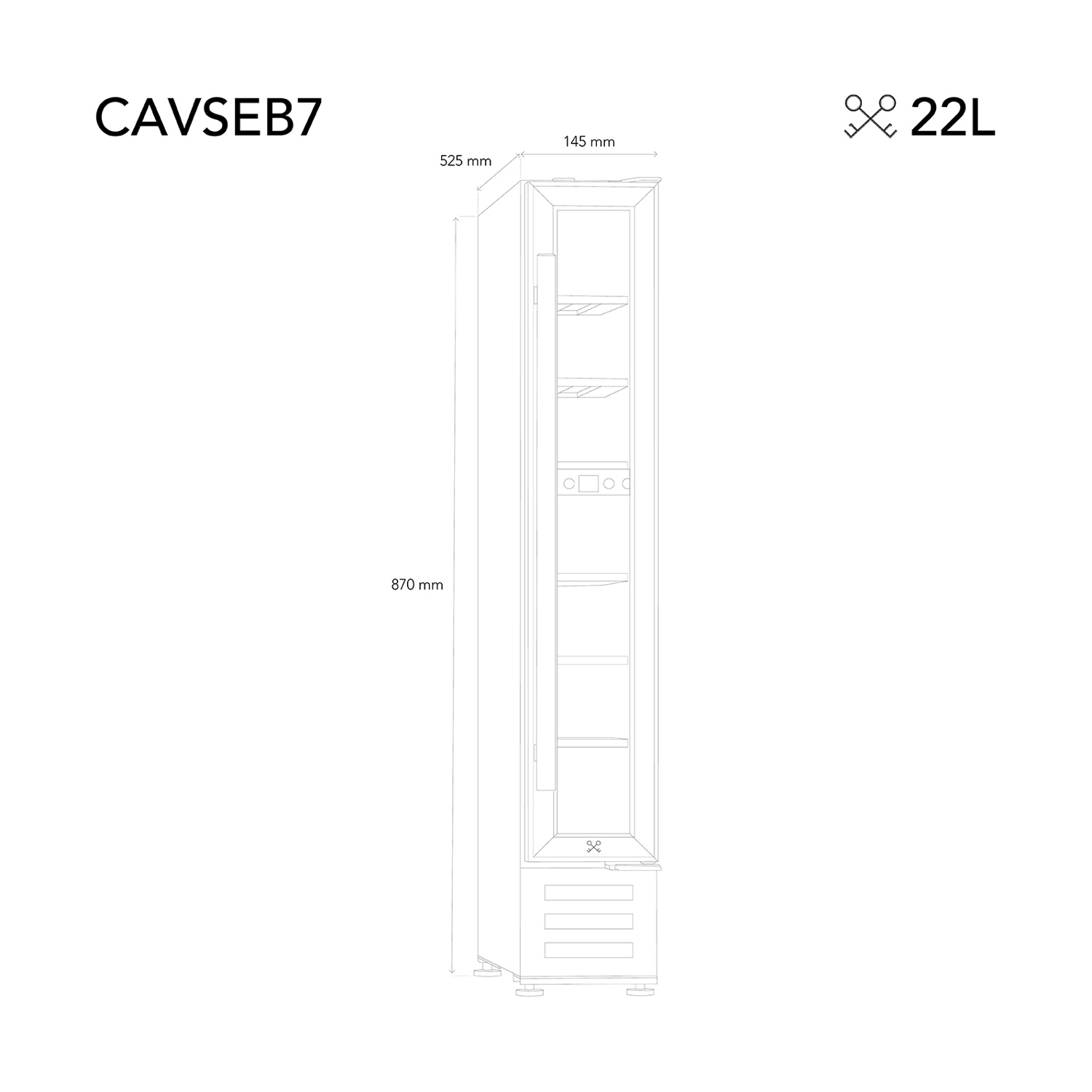 Uno schema di un frigorifero stretto, con dimensioni etichettate. Testo: CAVSEB7, 22L. Include ripiani e un cassetto.