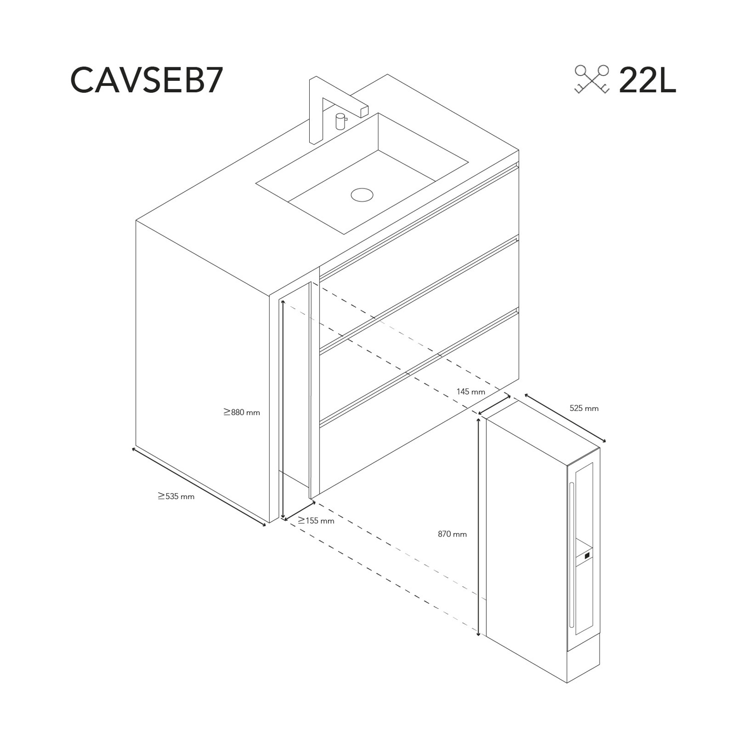Disegno isometrico di un mobile da bagno con lavabo, mobile e dimensioni in mm. Il testo 'CAVSEB7' è visibile.