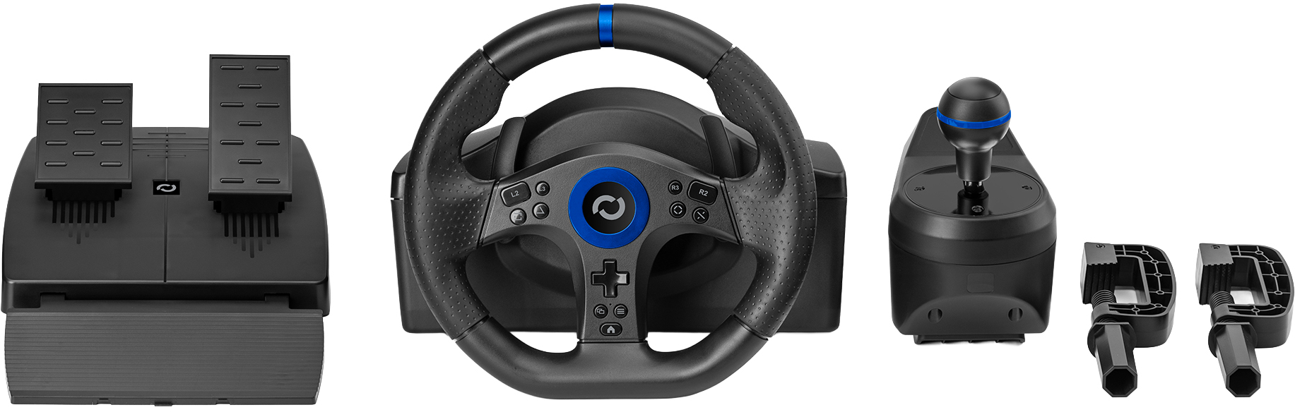 Gaming kormánykerék-készlet: pedálok, gombokkal ellátott kormánykerék, sebességváltó és két rögzítőkonzol, mind fekete.
