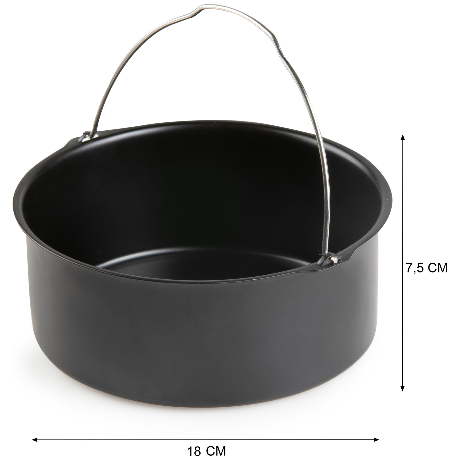 A black cooking pot with a handle. Dimensions are 18 cm wide and 7.5 cm high. The background is white.