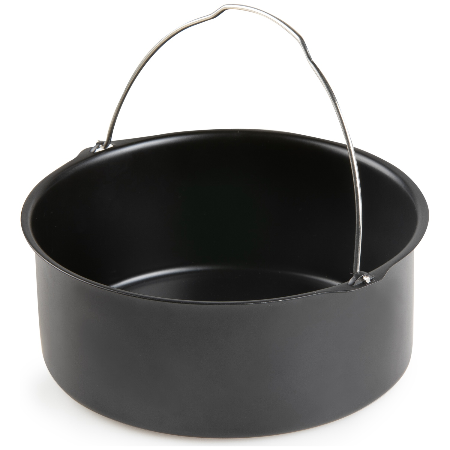 A black cooking pot with a silver handle is shown against a white background. The pot has a circular shape.