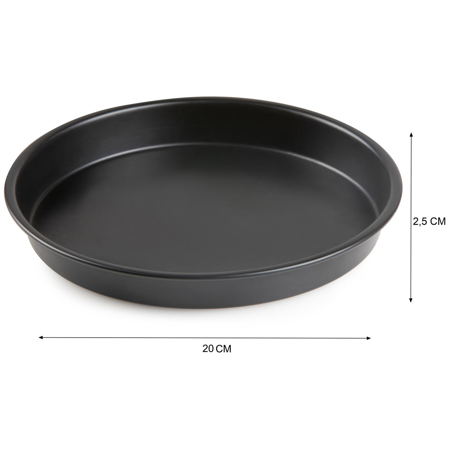 A black round baking pan. It's 20 cm in diameter and 2.5 cm high. The pan is empty and sits on a white surface.