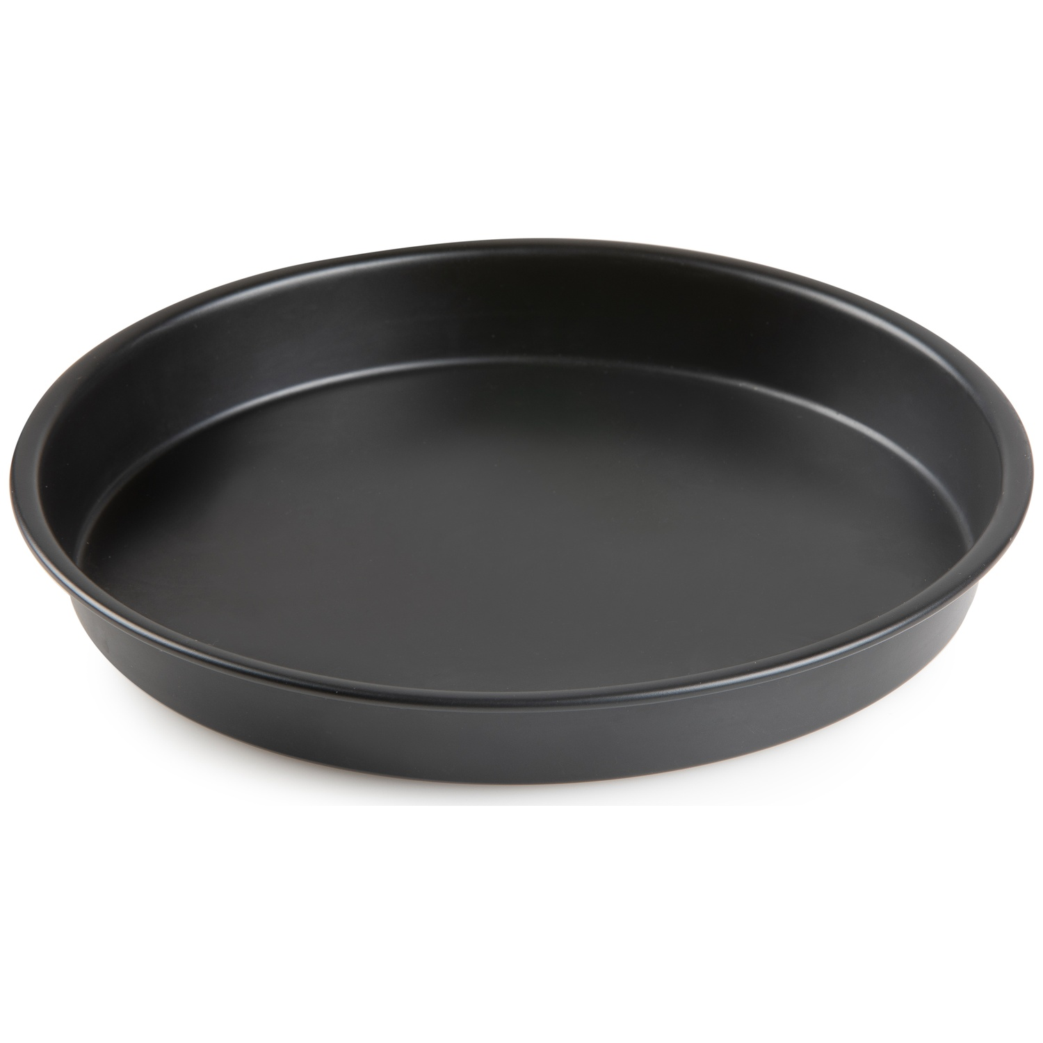 A round, black baking pan sits on a white surface. The pan is empty and has a slightly raised edge.