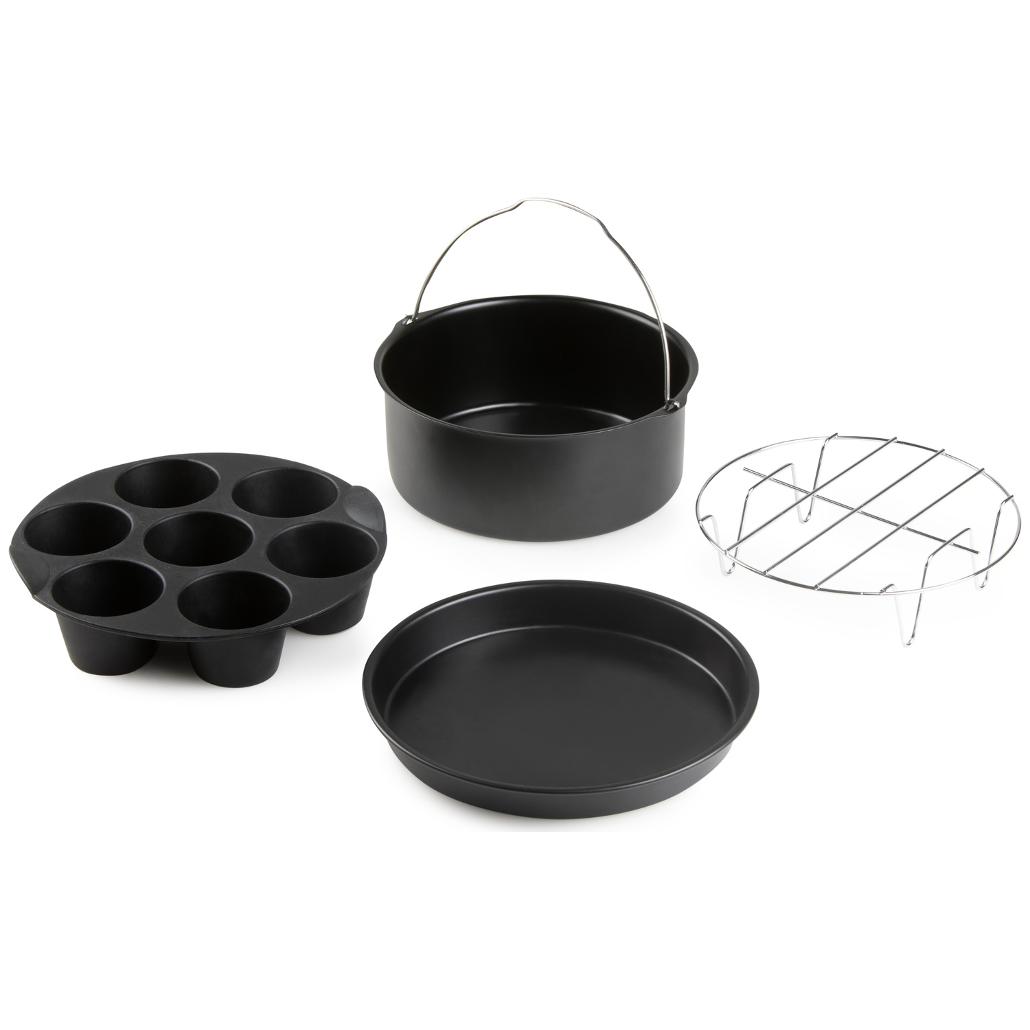 Black air fryer accessories on a white background. Includes a cake pan, a round pan, a wire rack, and a muffin pan.