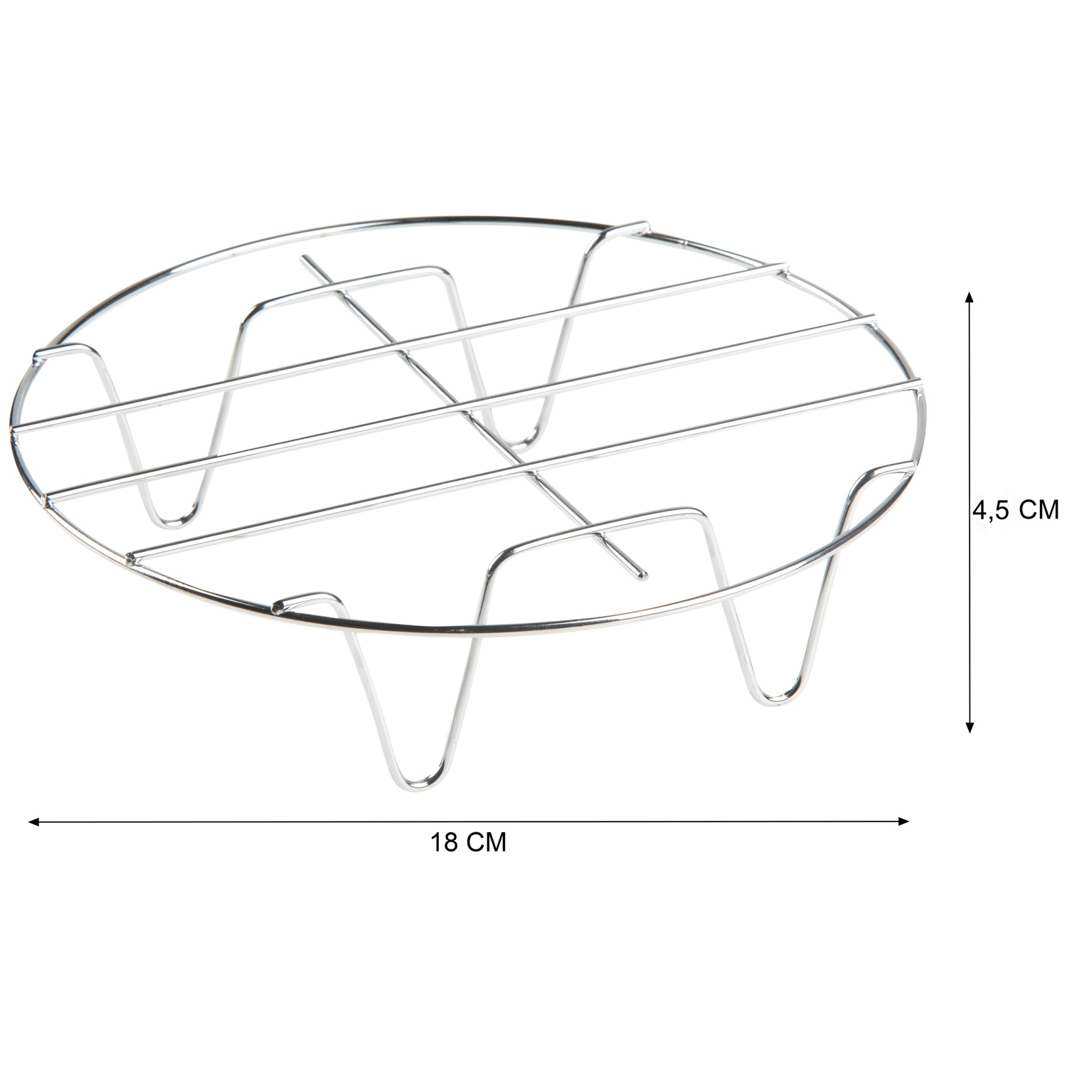 A metallic, circular cooling rack with a grid design. It has three legs and is 18 cm wide and 4.5 cm high.