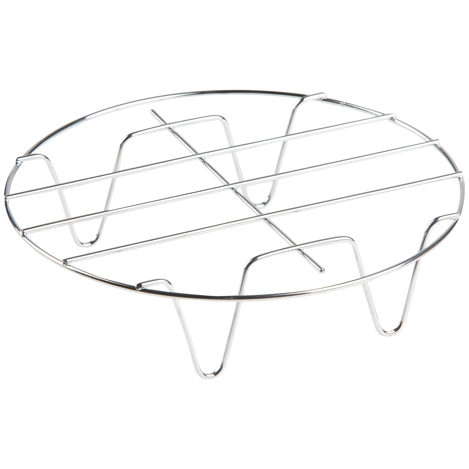 A round, chrome wire cooling rack with a grid pattern. It has three legs and sits against a white background.