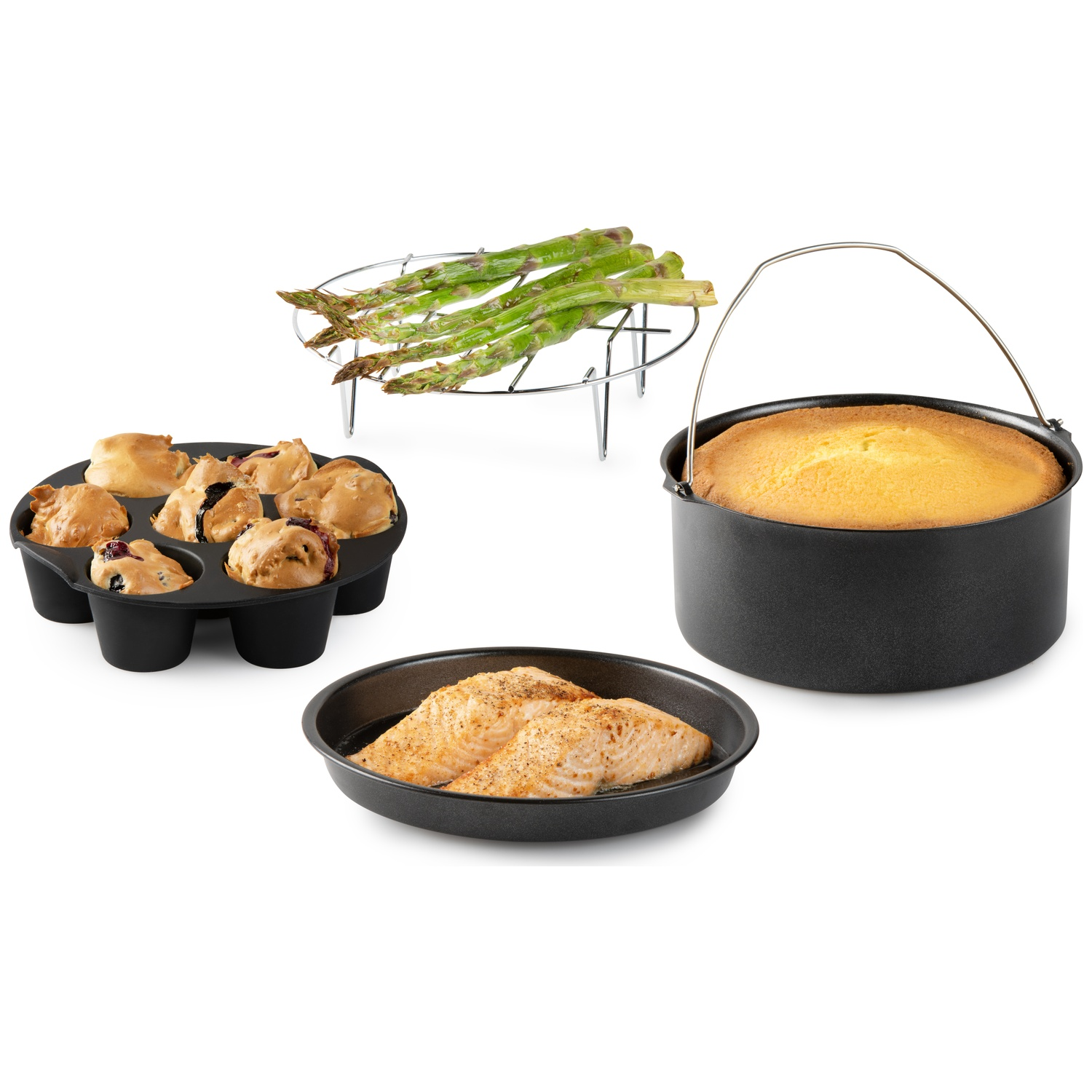 Image shows baked goods, asparagus on a rack, cake in a pot, and salmon fillets in a pan, all on a white background.
