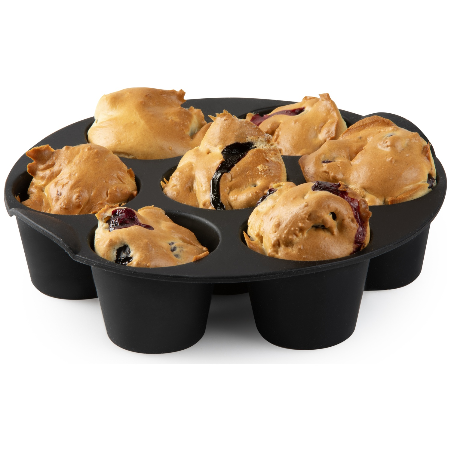 A black muffin pan filled with seven baked muffins. The muffins are golden brown with some dark spots, possibly berries.