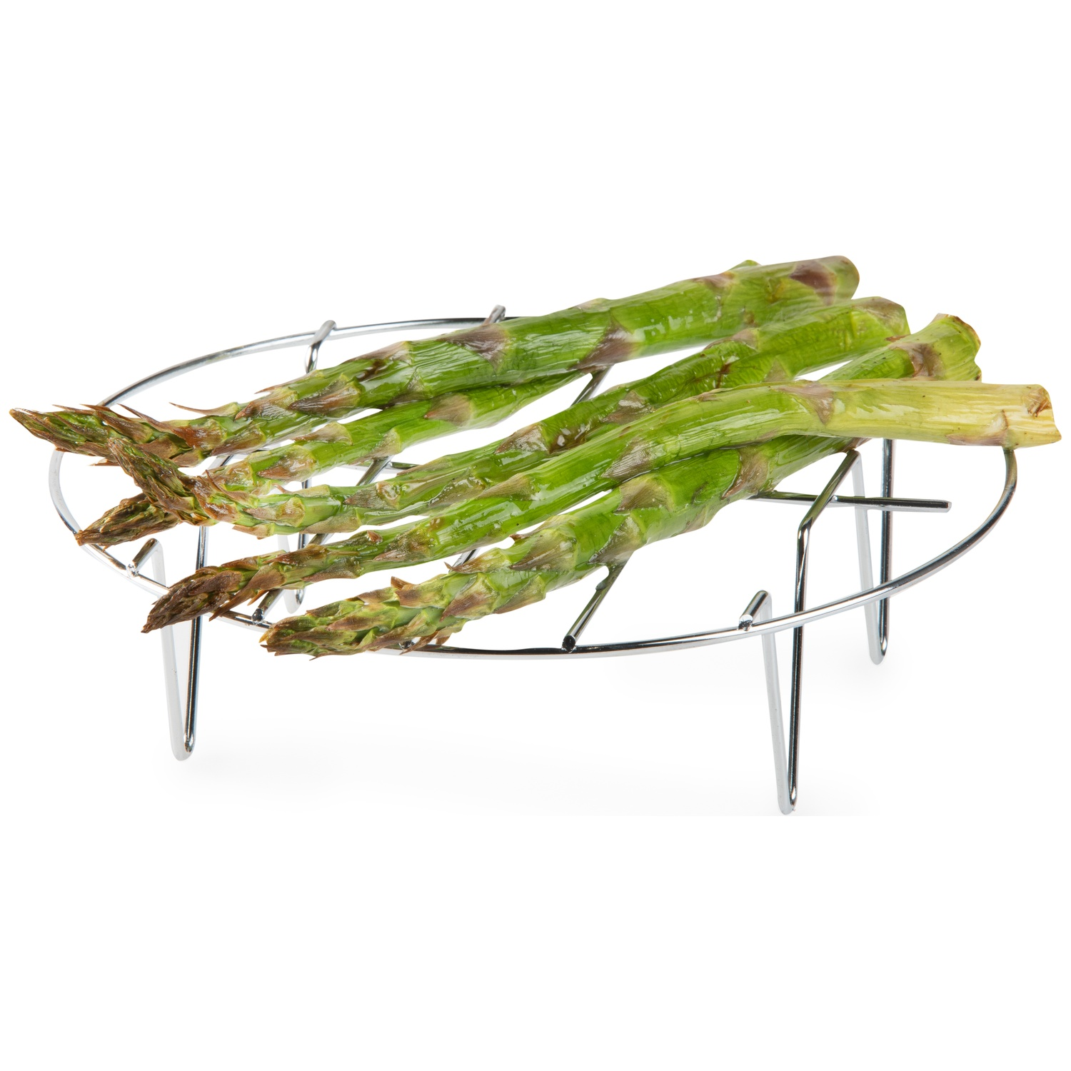 Green asparagus spears rest on a chrome wire rack, set against a white backdrop. The spears have brown tips.