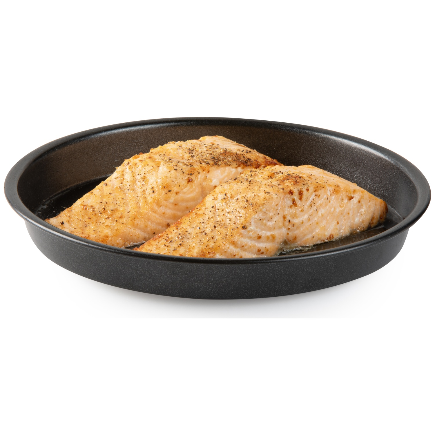 Two cooked salmon fillets in a black, round baking dish. The salmon is golden-brown with pepper seasoning. White background.