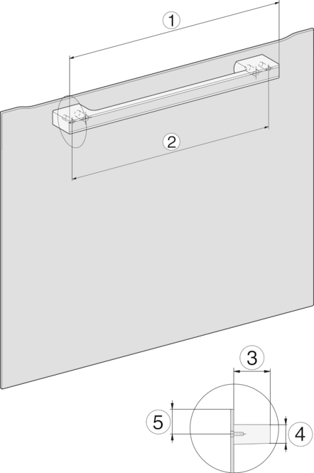 Diagramm mit Messungen. Eine Metallstange ist auf einer grauen Oberfläche montiert. Detaillierte Ansicht zeigt Abmessungen und Messungen.