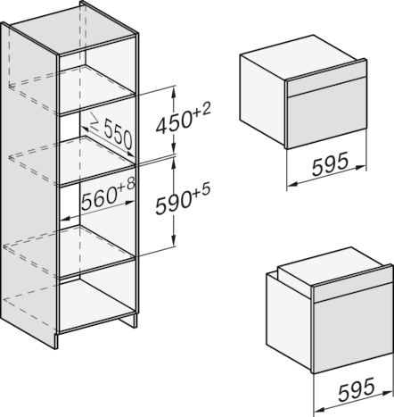 Diagramm eines Schranks mit Abmessungen. Zwei separate Ofeneinheiten sind mit Maßen dargestellt. Der Schrank hat Regale und Ofenfächer.