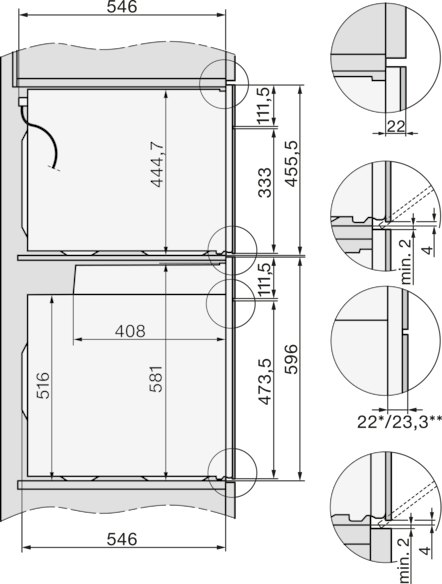 Diagramm von zwei rechteckigen Fächern mit Maßen, einem Anschlusskabel und detaillierten Schnittansichten. Schwarz und weiß.