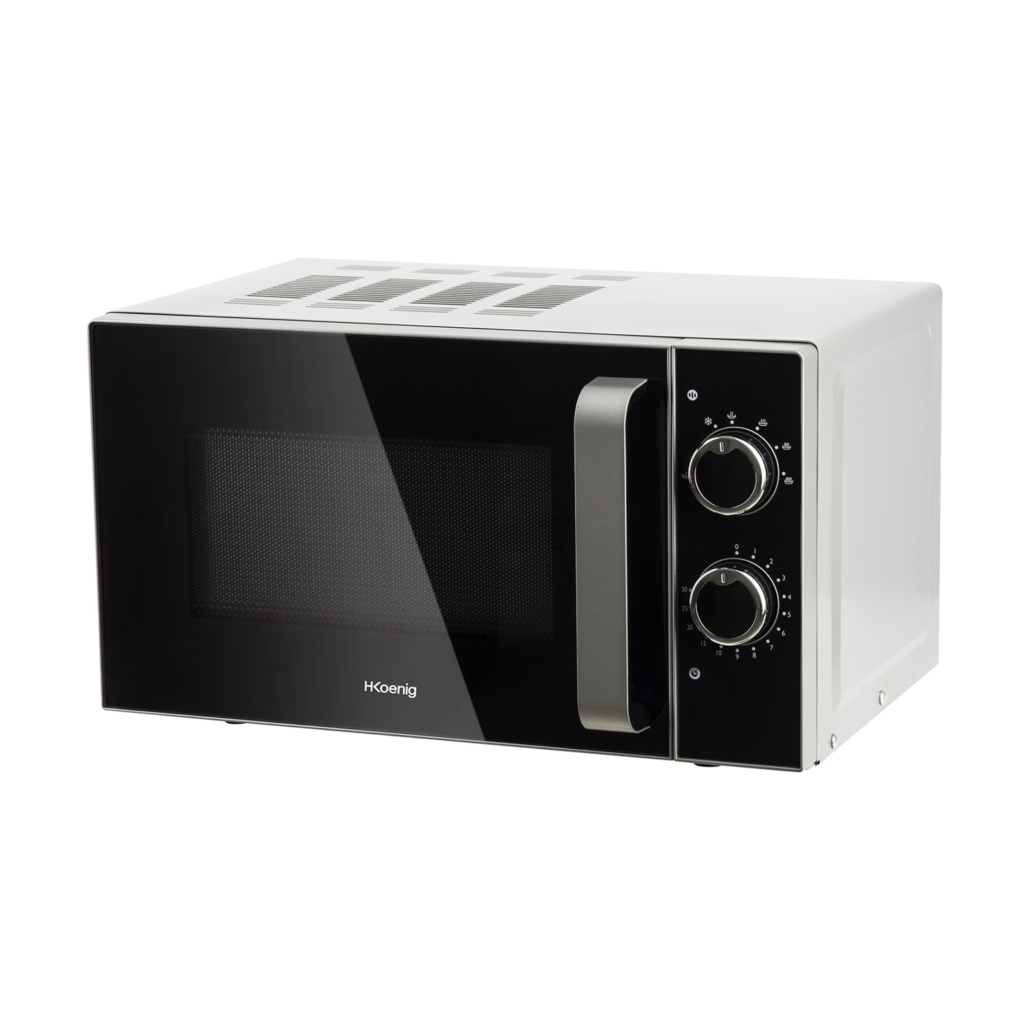 Un forno a microonde bianco con porta e pannello di controllo neri. Ha una maniglia e due quadranti.