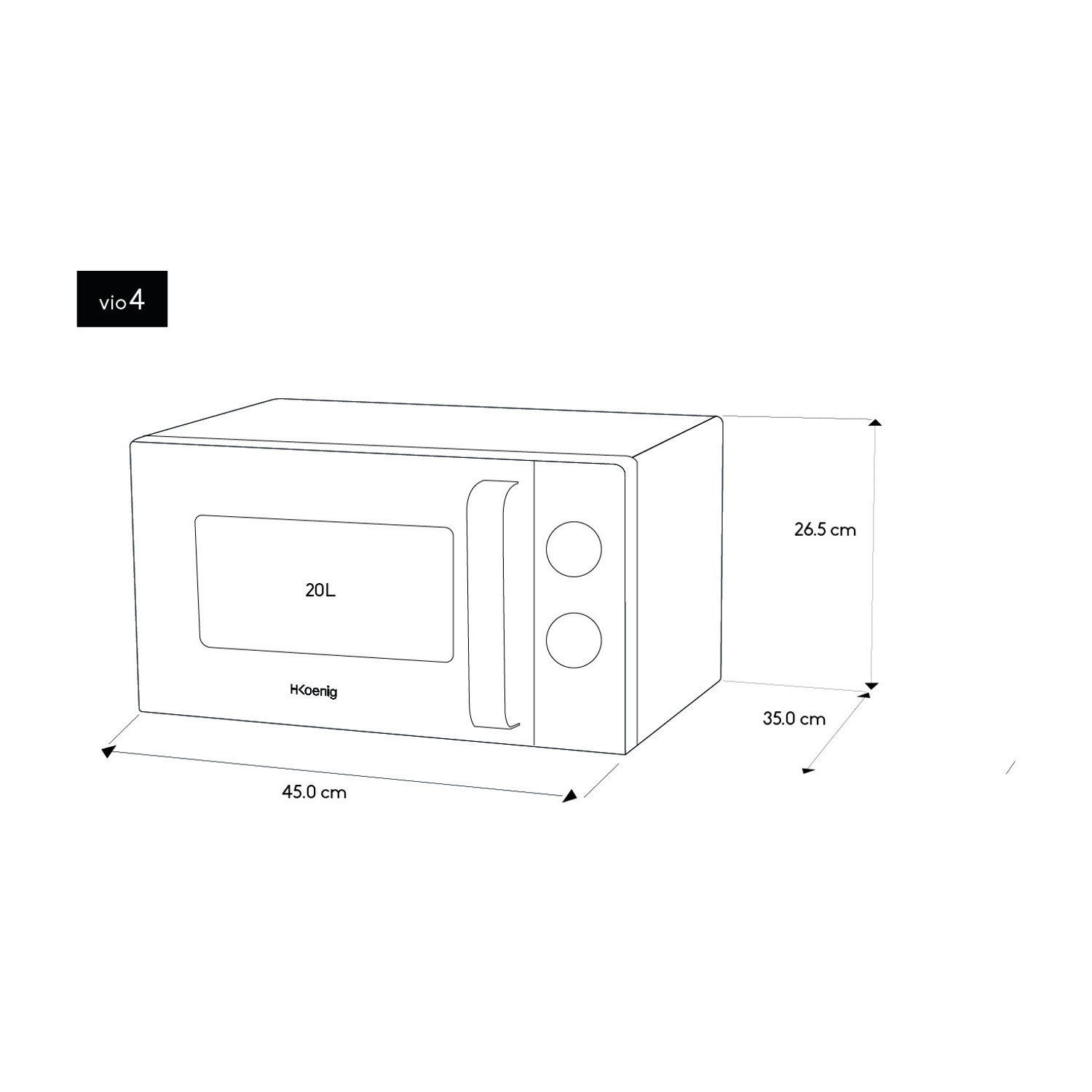 Un forno a microonde con dimensioni etichettate. Ha una porta, un pannello di controllo e il marchio H.Koenig.