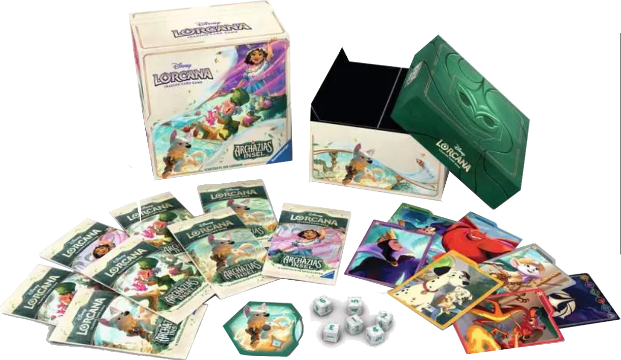 Disney Lorcana Trading Card Game Set mit Kartenpackungen, Würfeln und Deckboxen mit Charakteren wie Moana und verschiedenen Disney-Bösewichten.