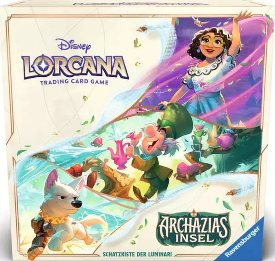 Disney Lorcana Trading Card Game Box. Figuren sind eine Frau, ein Hund und ein Mann mit Teekannen. Die Box hat Text und Logos.