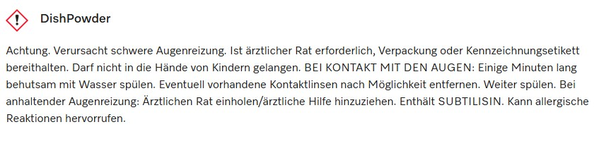 Warnschild mit Text über Augenreizung, Spülmittel und Anweisungen bei Kontakt.