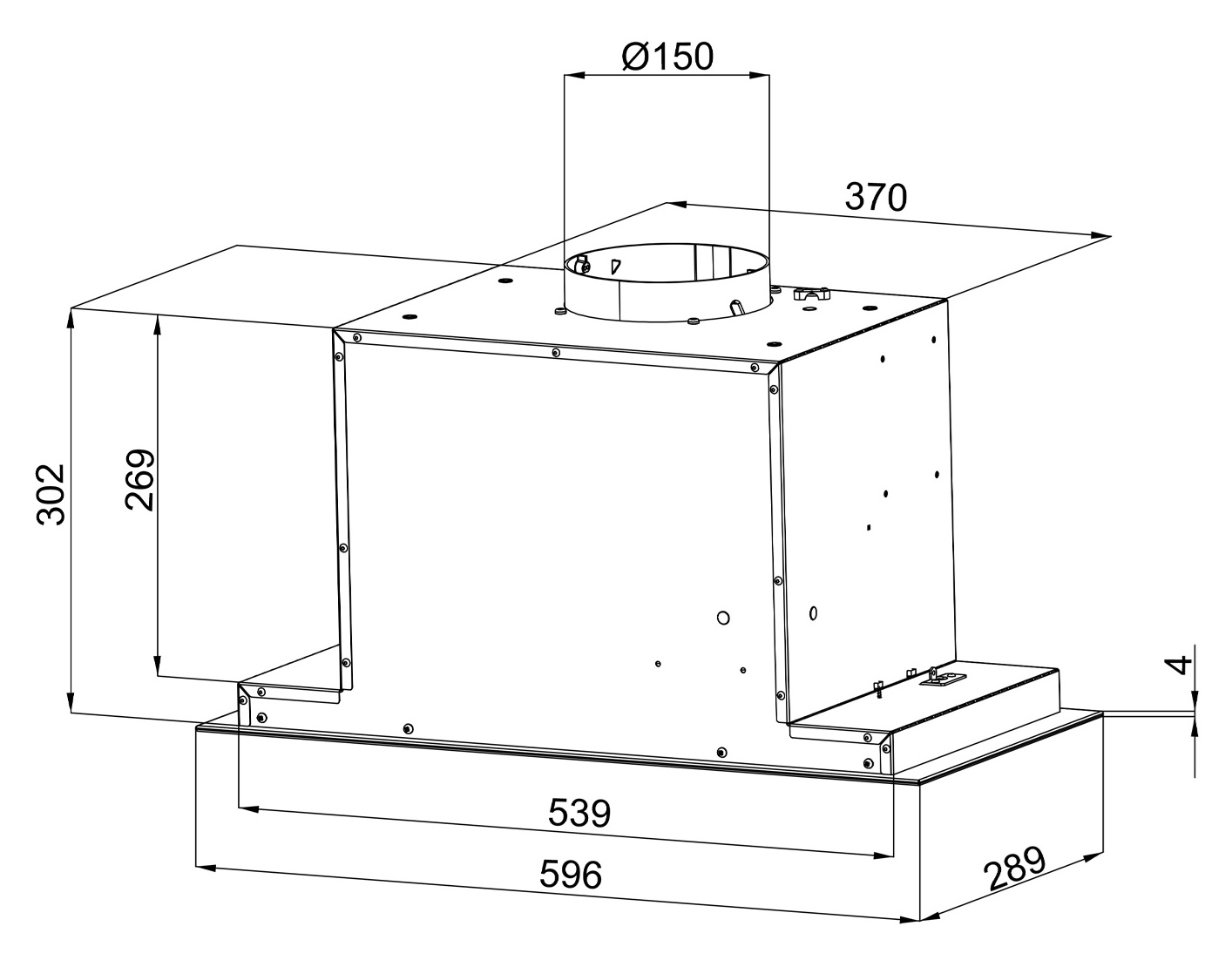 Rysunek techniczny okapu kuchennego, pokazujący wymiary w milimetrach. Okap to konstrukcja w kształcie pudełka z cylindrycznym otworem wentylacyjnym.