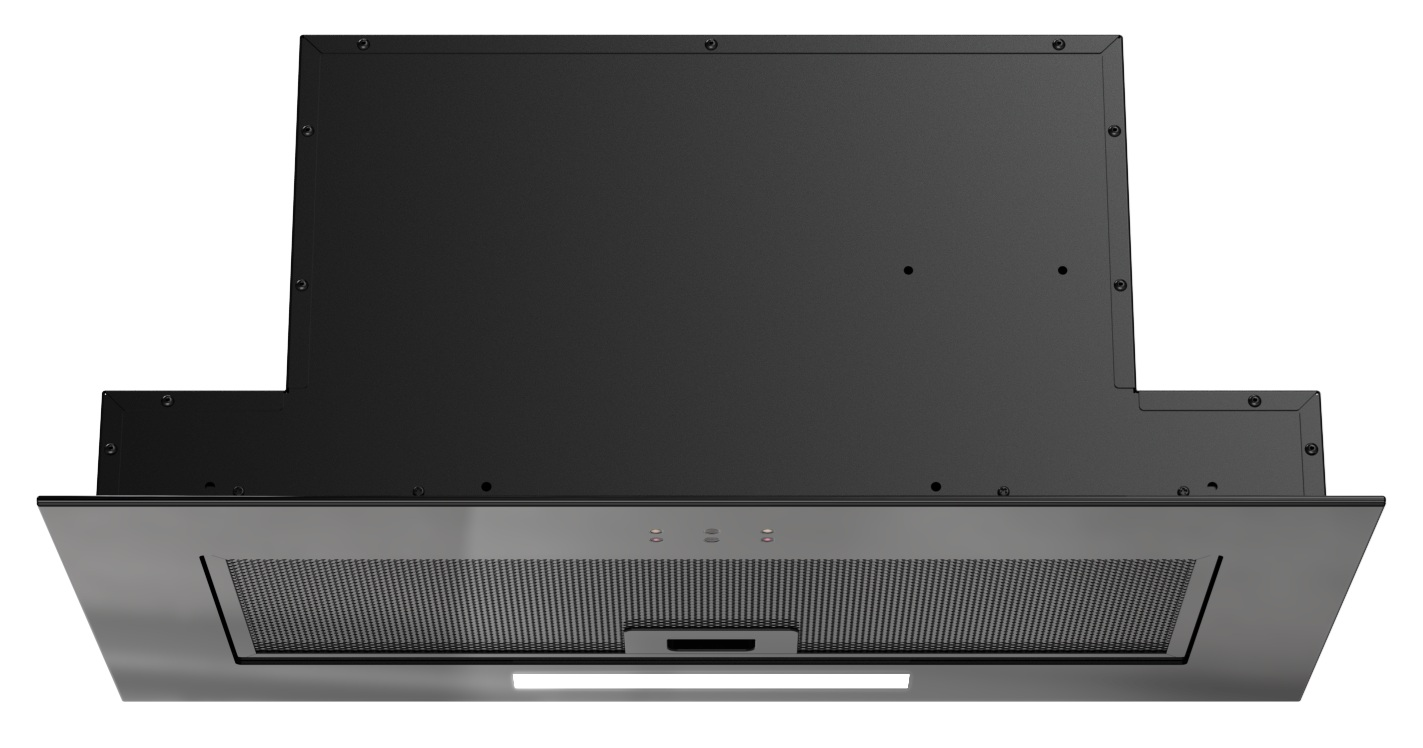 Czarny okap z filtrem siatkowym, przyciskami sterowania i światłem pod spodem. Tło jest białe.