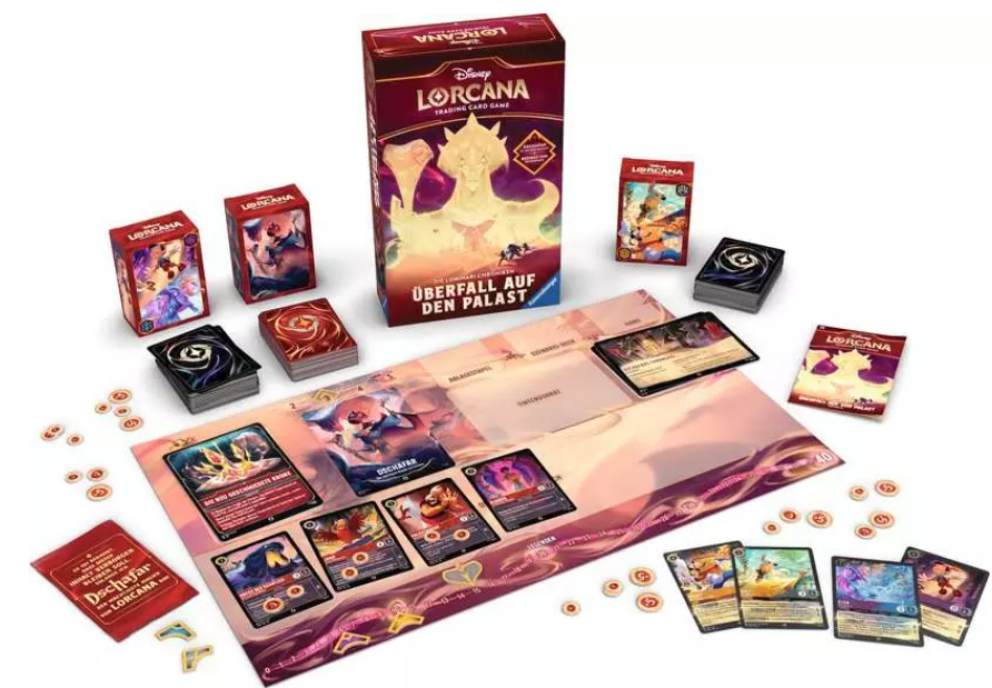 Disney Lorcana Trading Card Game-Set, mit Karten, Boxen und einem Spielbrett mit deutschem Text. Karten zeigen Charaktere.