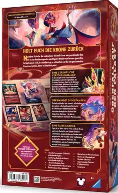 Die Rückseite einer Spielbox. Sie enthält Text und Illustrationen über das Spiel, mit Bildern von Charakteren und Karten.