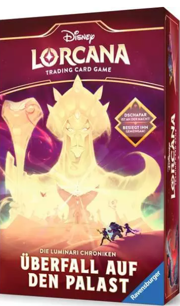 Disney Lorcana Trading Card Game Box. Zeigt eine leuchtende Figur und deutschen Text: "Die Luminari Chroniken Überfall auf den Palast."