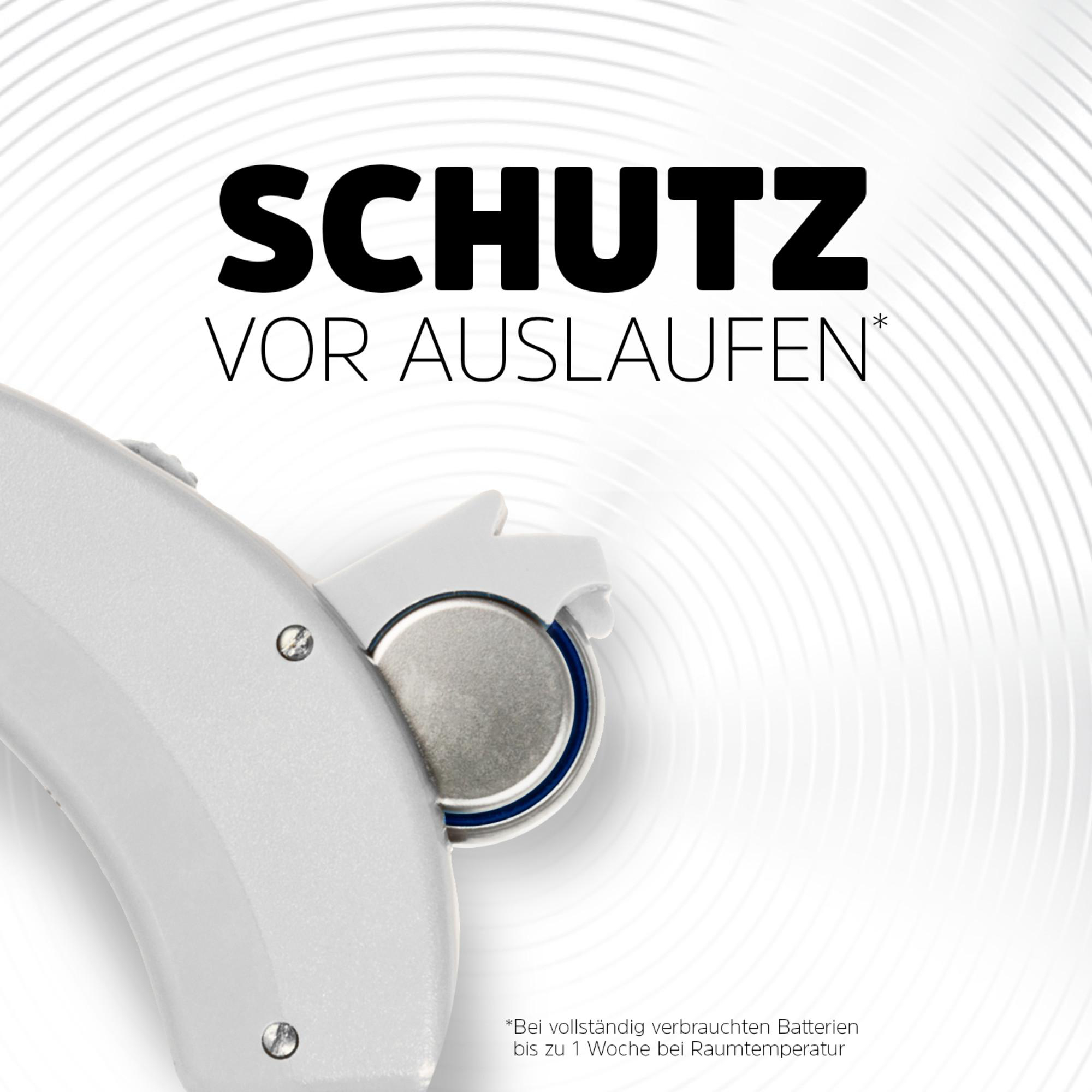 Das Bild zeigt eine Batterie mit dem Text „SCHUTZ VOR AUSLAUFEN“. Die Batterie ist silberfarben, mit blauem Akzent, vor weißem Hintergrund.
