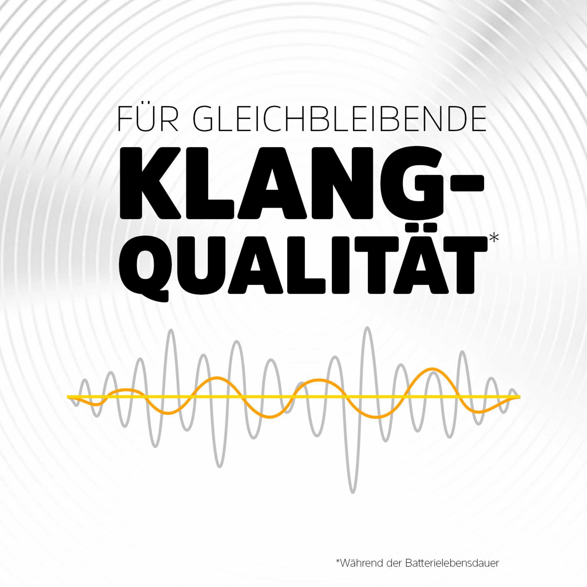 Weißer Hintergrund mit Text 'FÜR GLEICHBLEIBENDE KLANG-QUALITÄT' und Grafik einer Schallwelle. Enthält eine Fußnote.