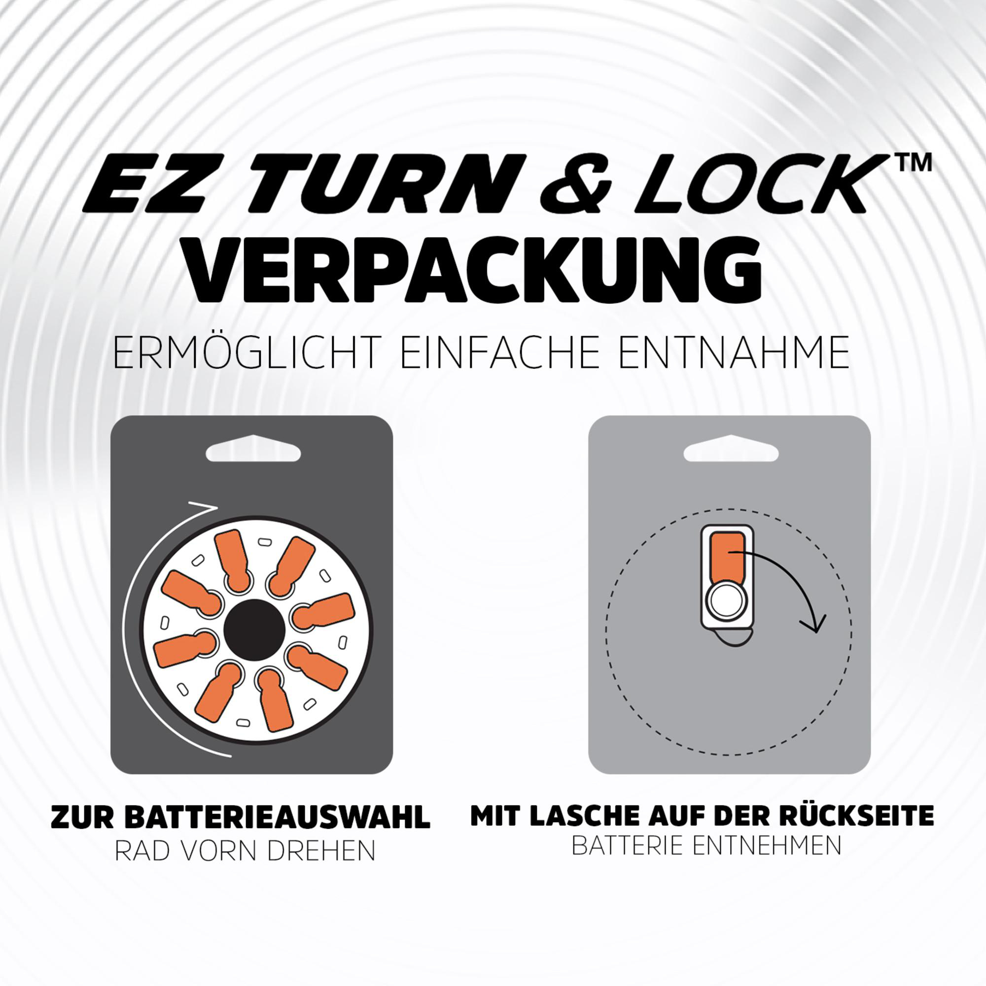 Anweisungen zum Batteriewechsel. Eines zeigt ein Rad mit orangefarbenen Elementen, das andere eine Batterie mit Pfeil.