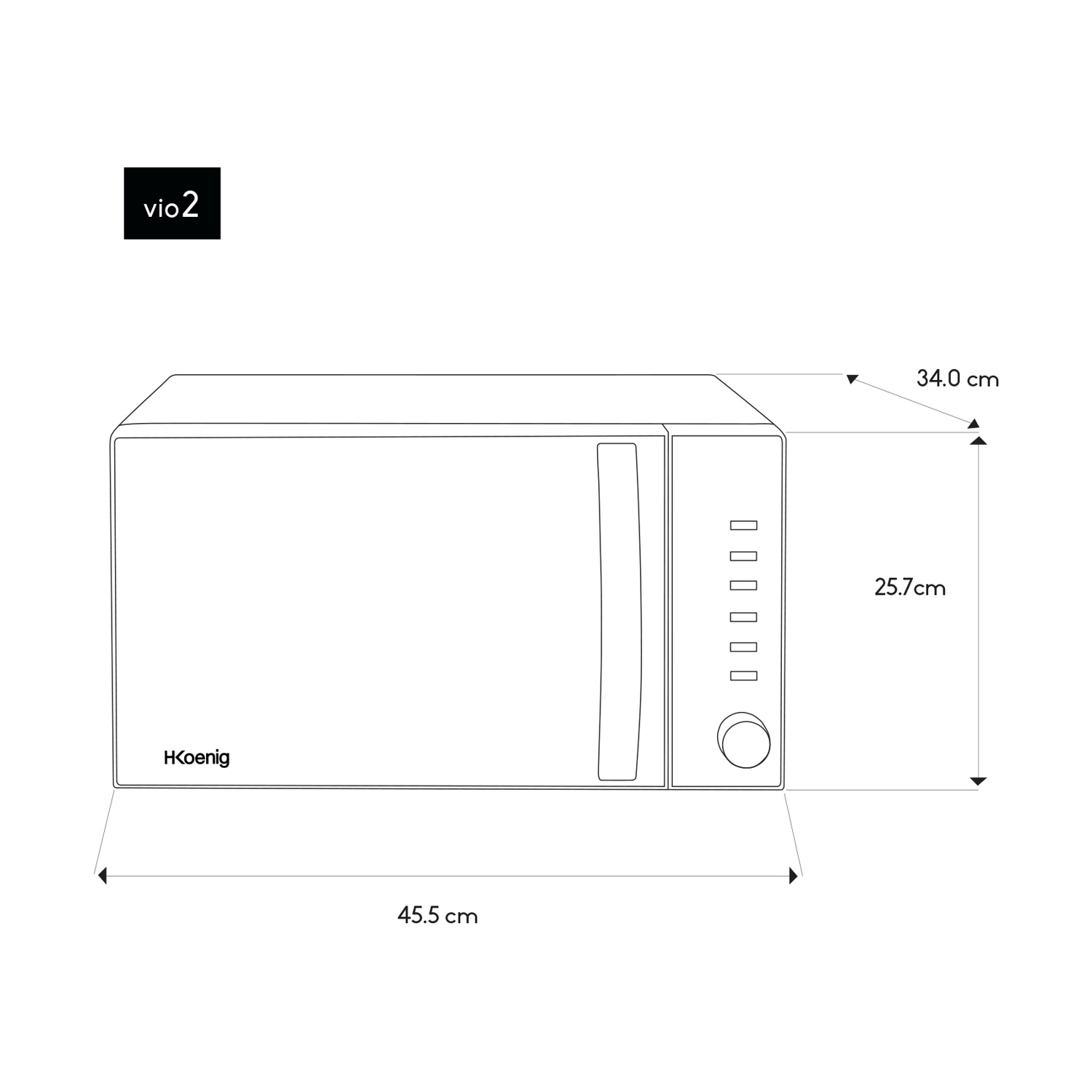 Un disegno a tratto di un forno a microonde con dimensioni etichettate. Il marchio è HKoenig. Il nome del modello è vio2.