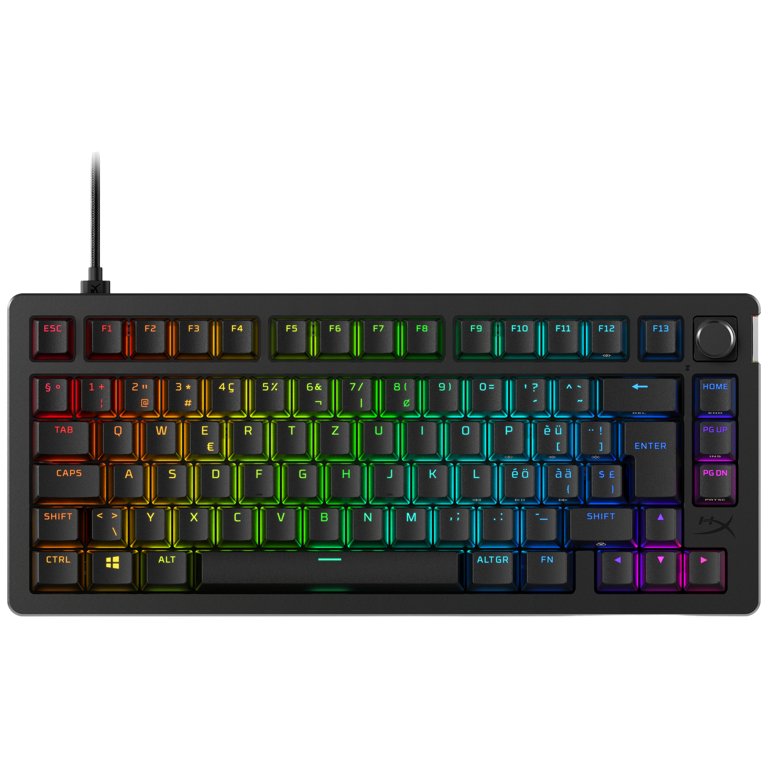 Un clavier mécanique noir avec des touches aux couleurs de l'arc-en-ciel, avec le logo HyperX. Les touches sont éclairées.