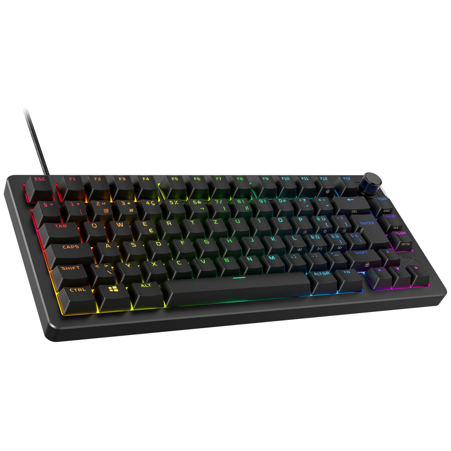 Un clavier mécanique noir avec des touches aux couleurs de l'arc-en-ciel. Il possède des touches de fonction, un bouton de volume et un câble USB.