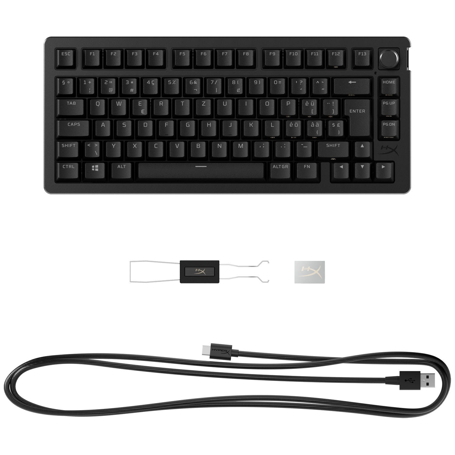 Clavier mécanique noir avec extracteur de touches, câble USB et logo. Fond blanc. Vue de dessus.