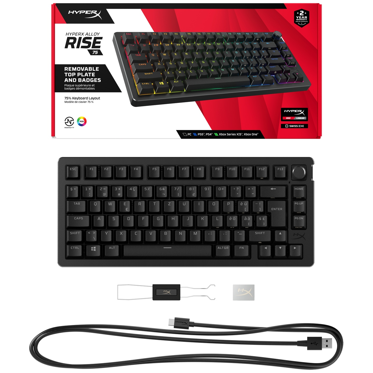 Clavier HyperX Alloy Rise 75 noir avec éclairage RVB, plaque supérieure amovible et badges. Câble et accessoires inclus.